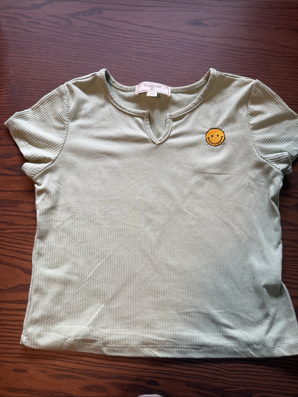 No Comment Kids Sage Green Ribbed Tee with Smiley Patch